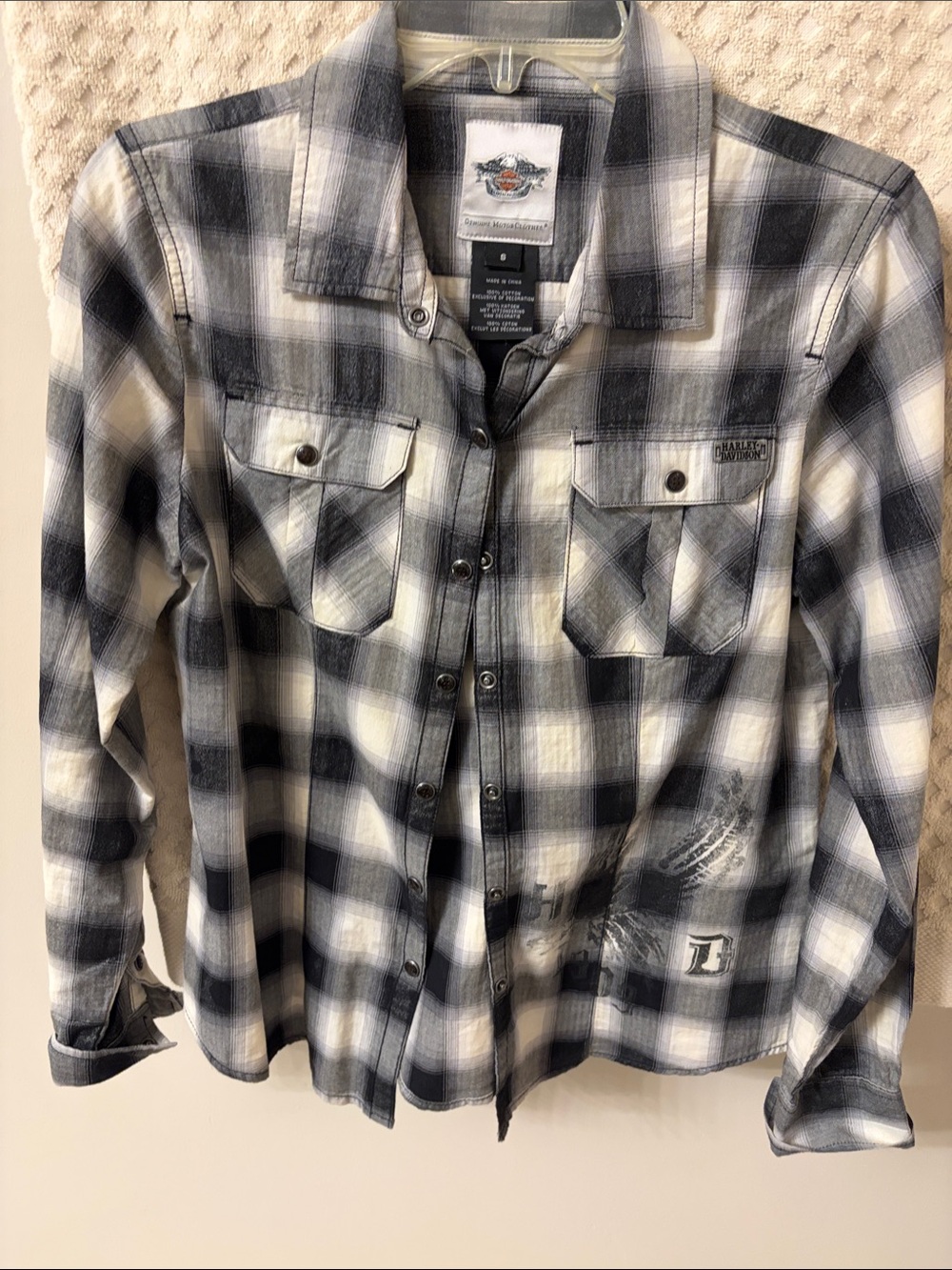 Harley-Davidson Black, White & Gray Plaid women’s Button-Front Shirt